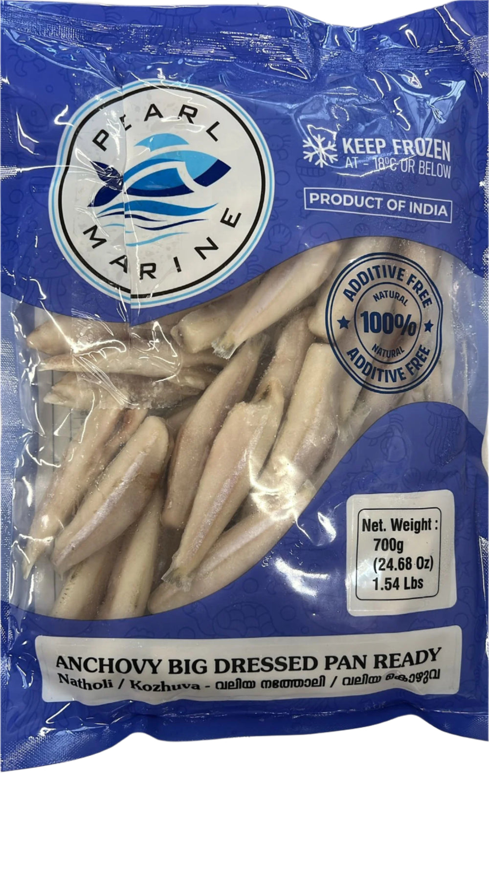 Packaged anchovies with a blue label on a white background