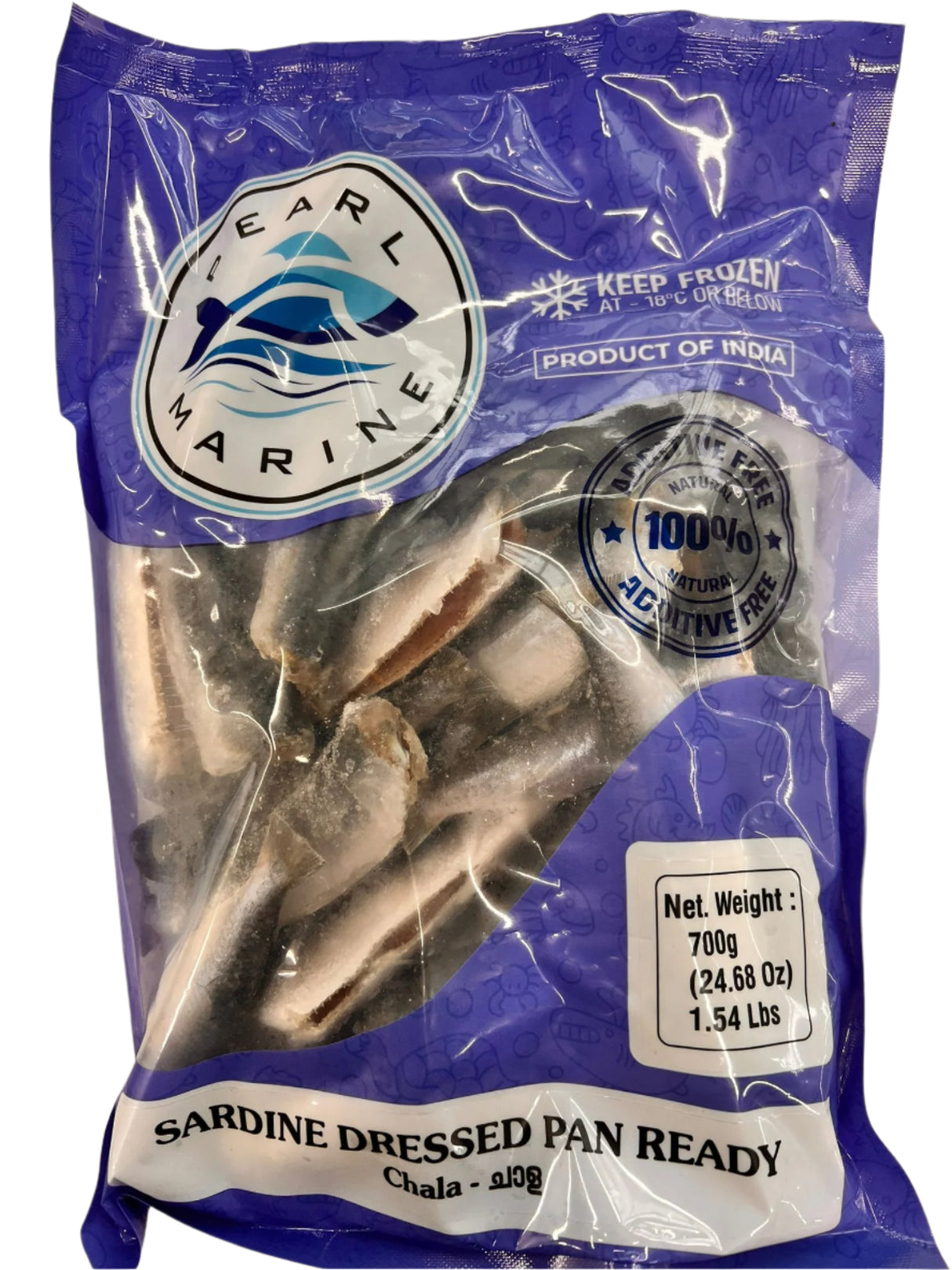 Packaged sardines in a blue Pearl Marine branded bag on a beige background
