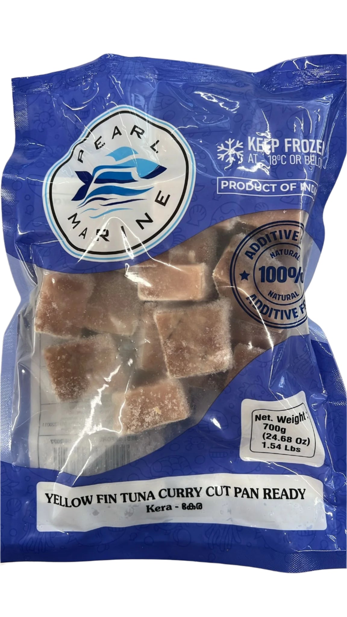 Packaged yellow fin tuna curry cut in a blue Pearl Marine branded packaging.