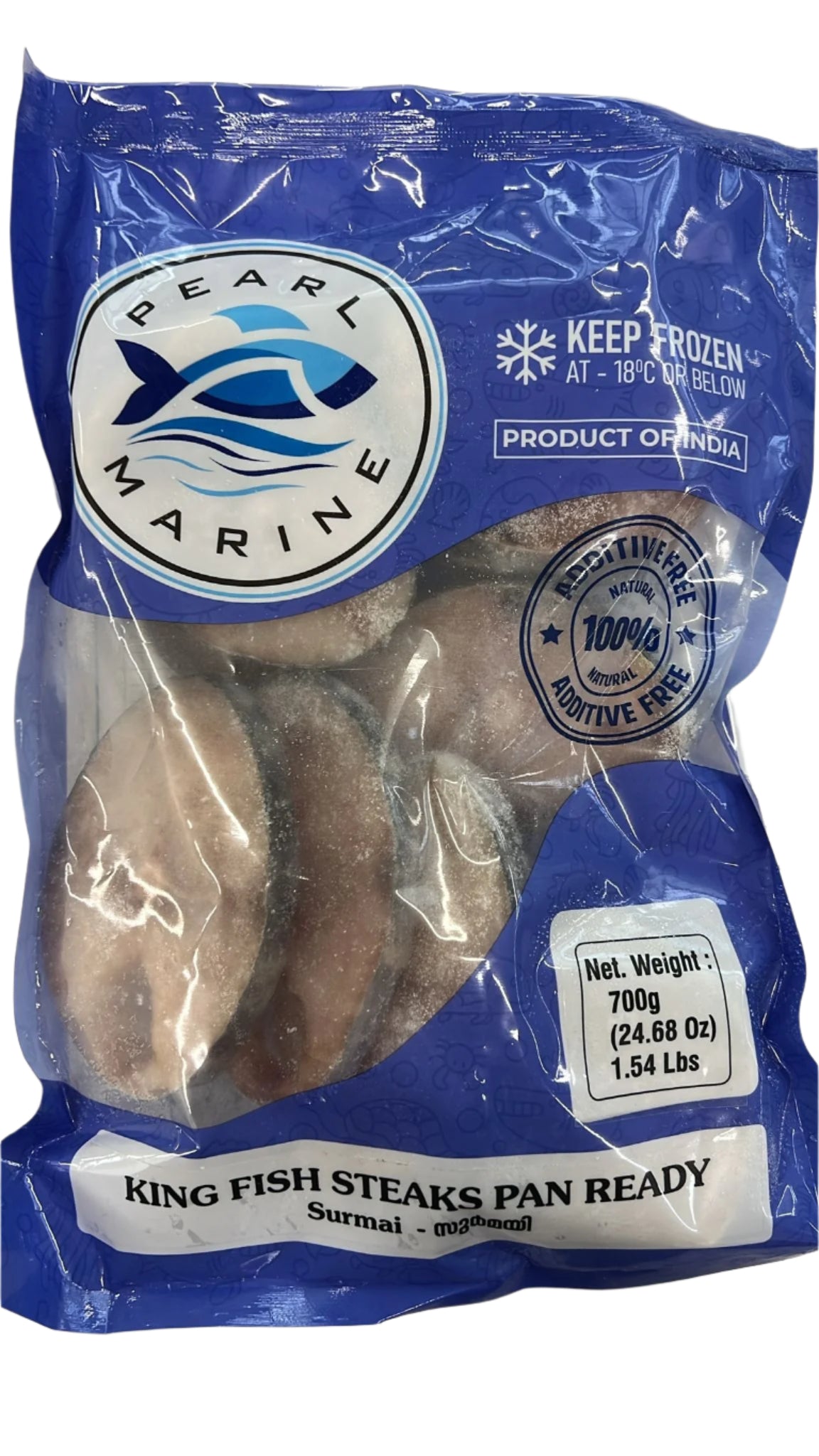 Packaged king fish steaks from Pearl Marine on a white background