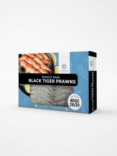 Frozen Whole Raw Black Tiger Prawns 26/30 800GMS