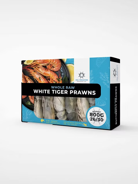 Frozen Whole Raw White Tiger Prawns 26/30 800GM