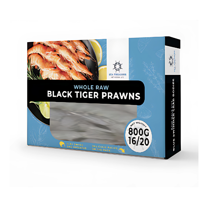 Frozen Whole Raw Black Tiger Prawns 16/20 800GMS