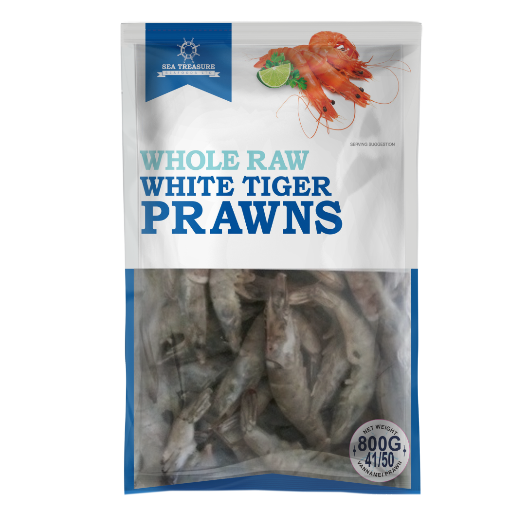 Frozen Whole Raw White Tiger Prawns 31/40 800GMS