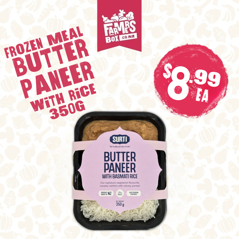 Packaged frozen meal with rice and paneer on a white background, featuring Farm's Box branding.