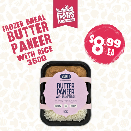 Packaged frozen meal with rice and paneer on a white background, featuring Farm's Box branding.