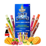 A variety of Skippi Ice Pops in different flavors, displayed alongside their packaging which indicates the flavors and the pack size of 12 popsicles.