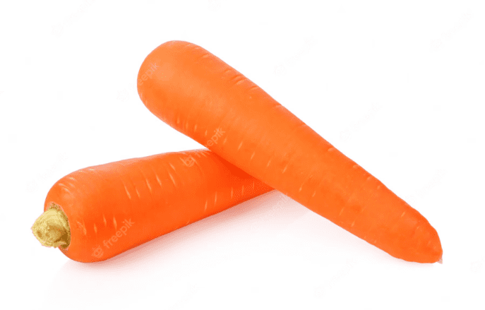 A 1kg bag of freshly-washed carrots with vibrant orange color and some green tops visible.