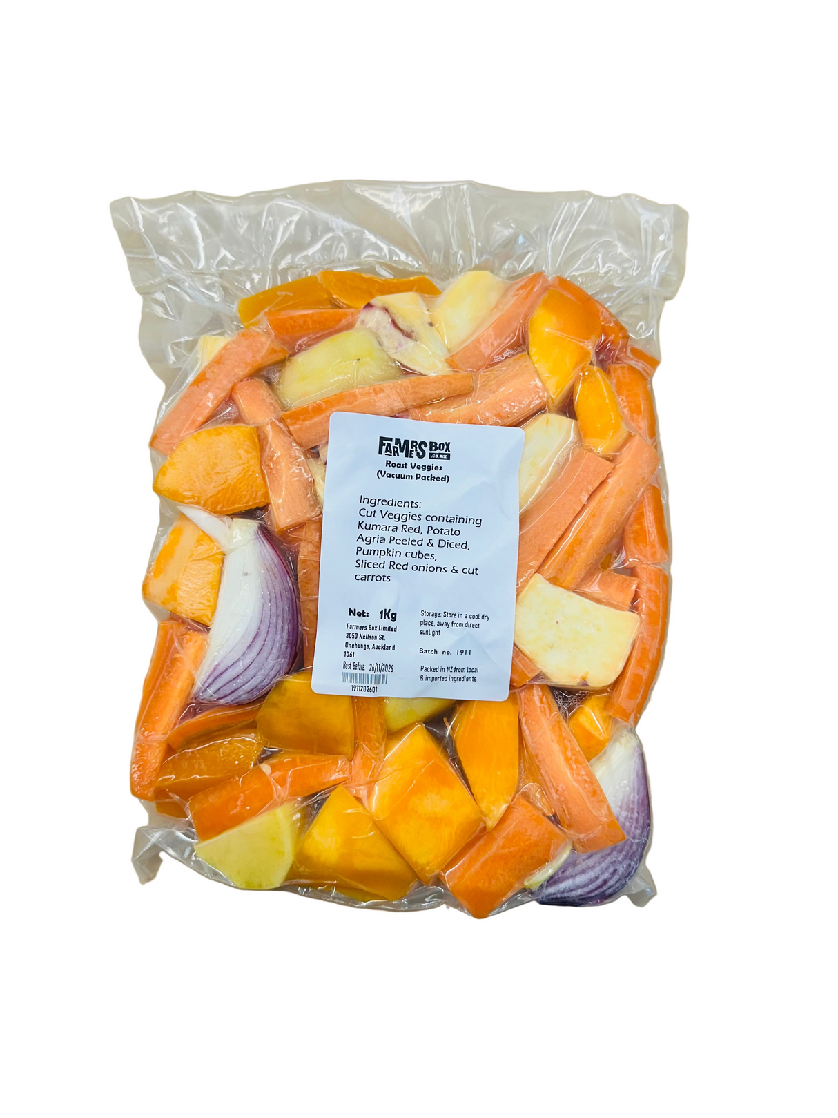 Packaged vegetables on a cardboard surface with a label