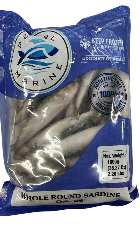 Package of Pearl Marine whole round sardines on a white background