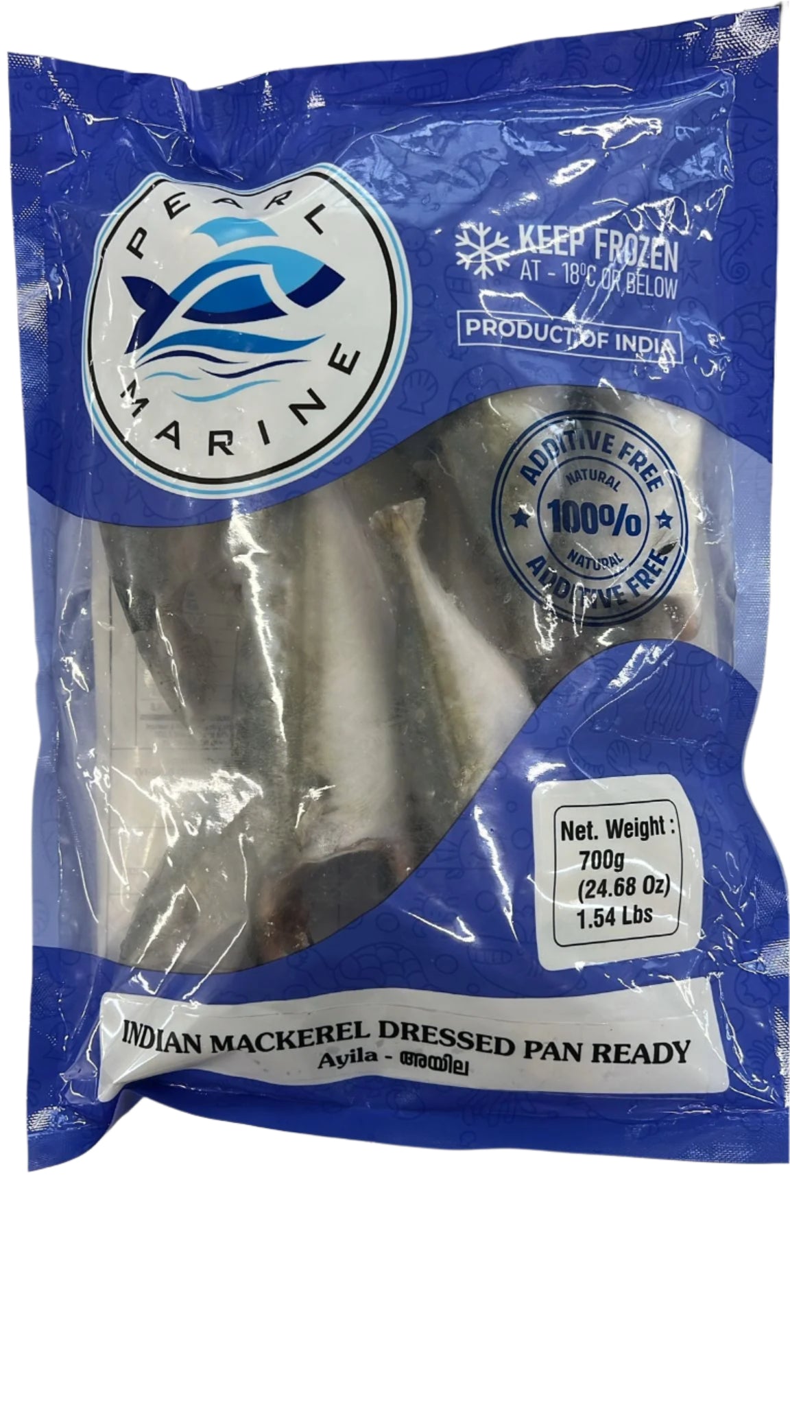 Packaged Indian Mackerel dressed in a blue and white Pemar Marine branded package.