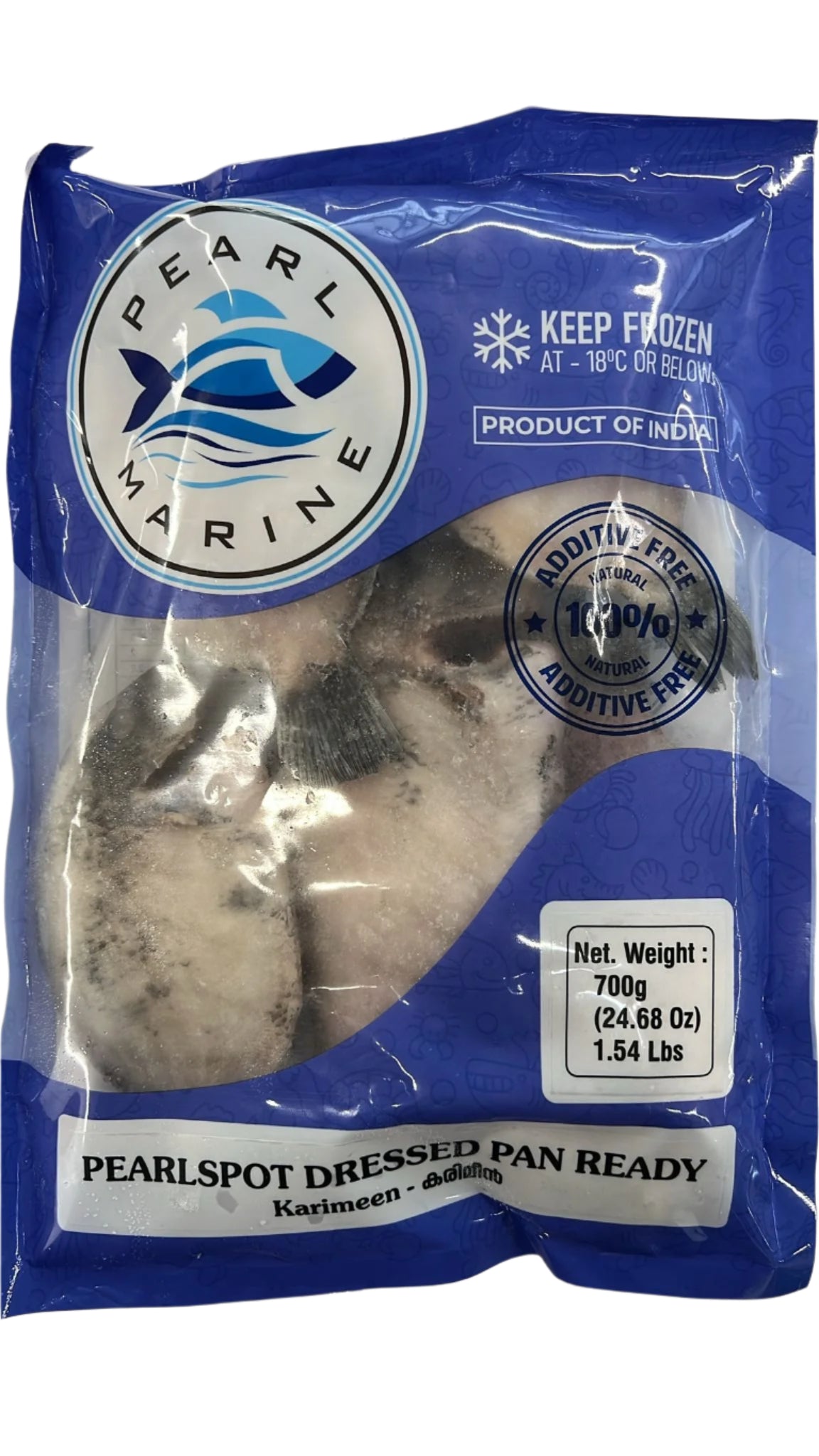Packaged pearlspot dressed fish in a blue Pearl Marine branded packaging.