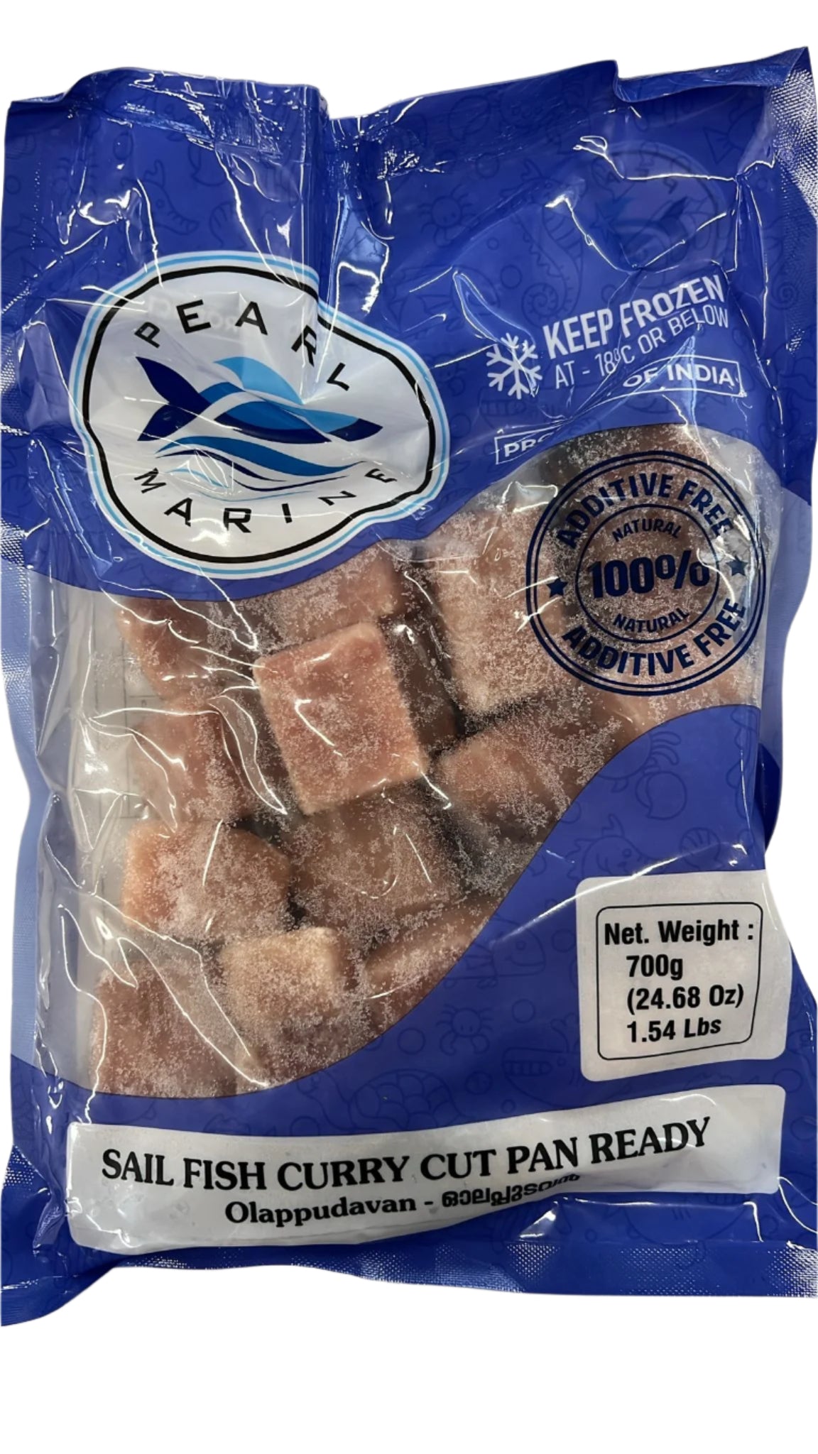 Packaged sail fish curry cut pan ready by Pearl Maris on a white background