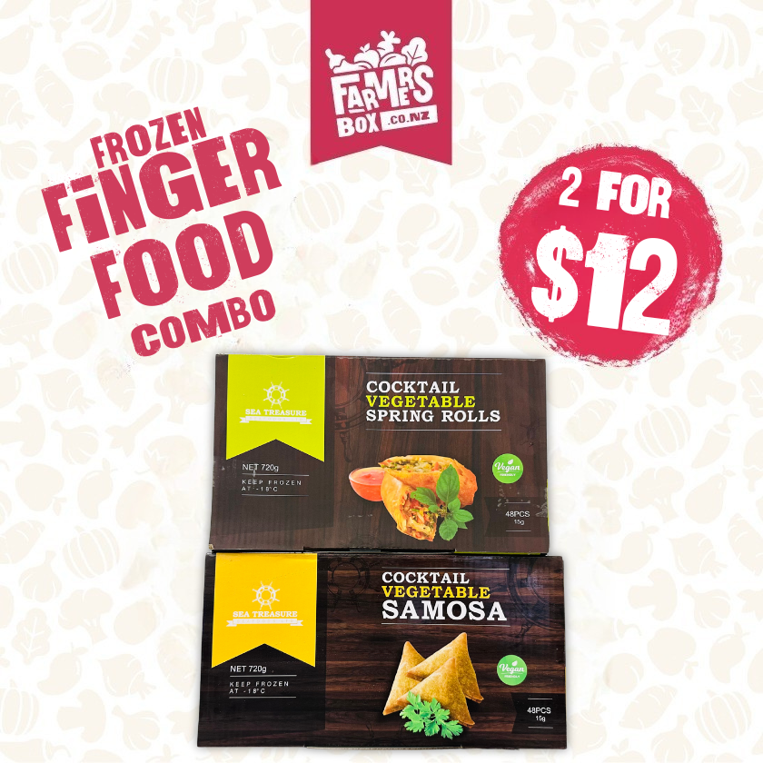 Frozen finger food combo packaging with 'Farmers Box' branding on a textured beige background.
