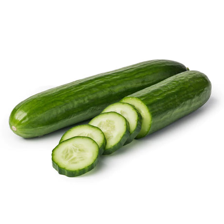 A fresh, slender Telegraph cucumber with dark green skin and smooth, slightly ridged surface.