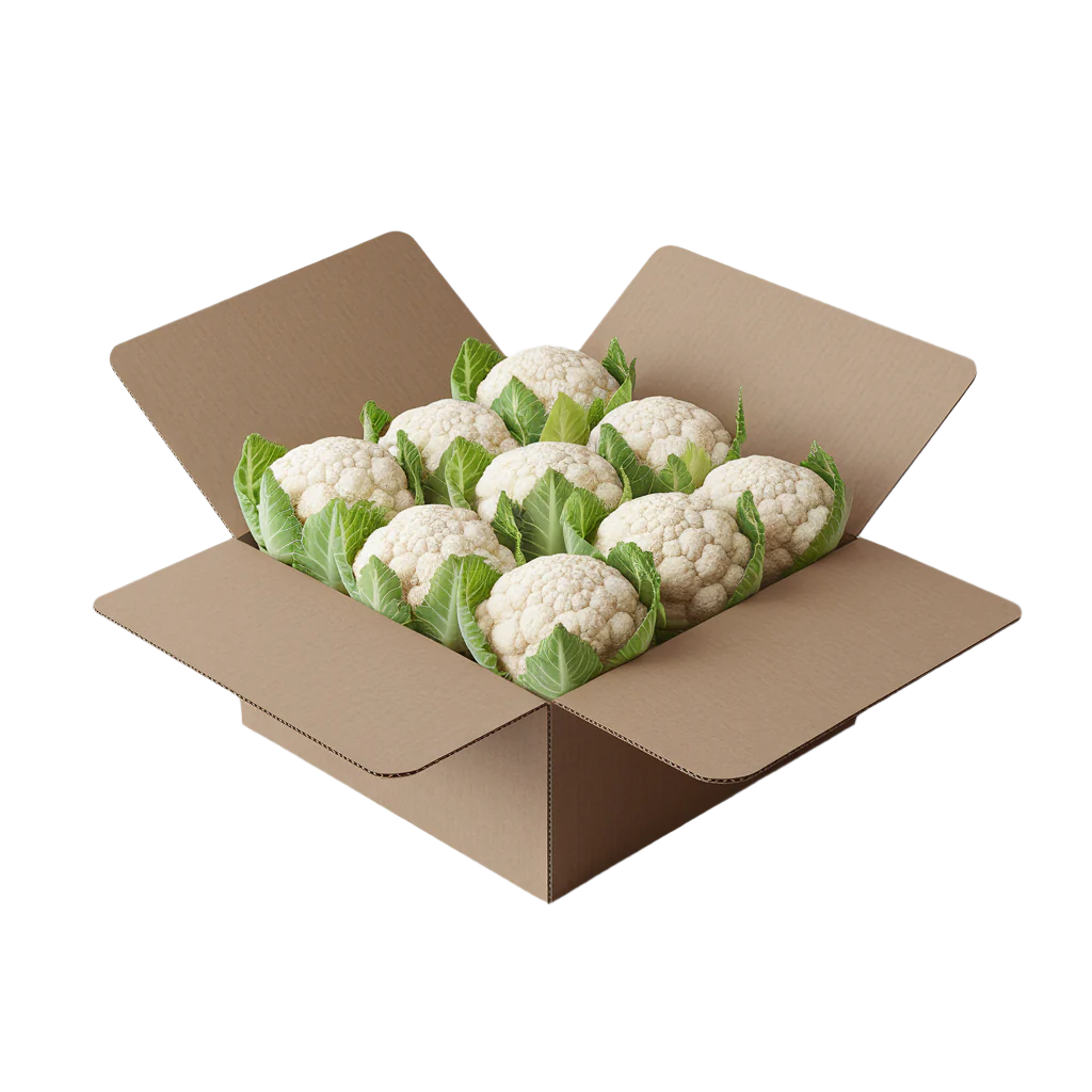 Fresh white cauliflower heads neatly arranged in an open cardboard box, showcasing farm-fresh quality