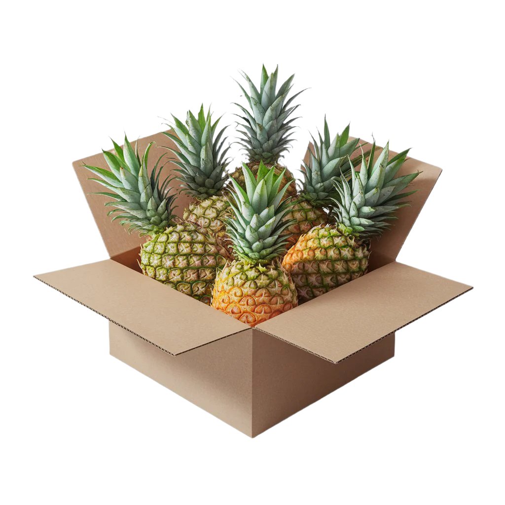 Seven ripe, golden pineapples with green crowns neatly arranged in an open cardboard box, showcasing tropical farm-fresh quality