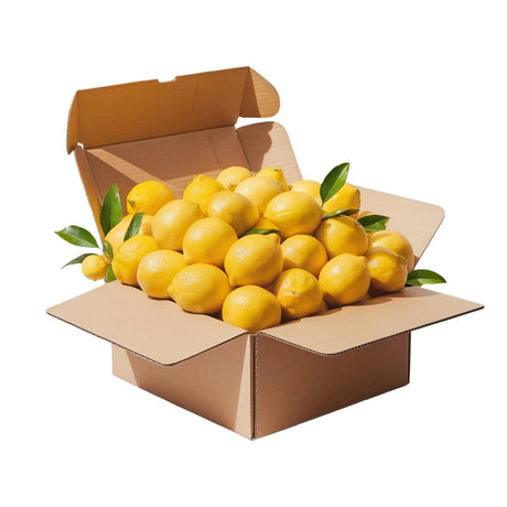 Bright yellow, fresh lemons overflowing from an open cardboard box, showcasing orchard-fresh quality and abundance