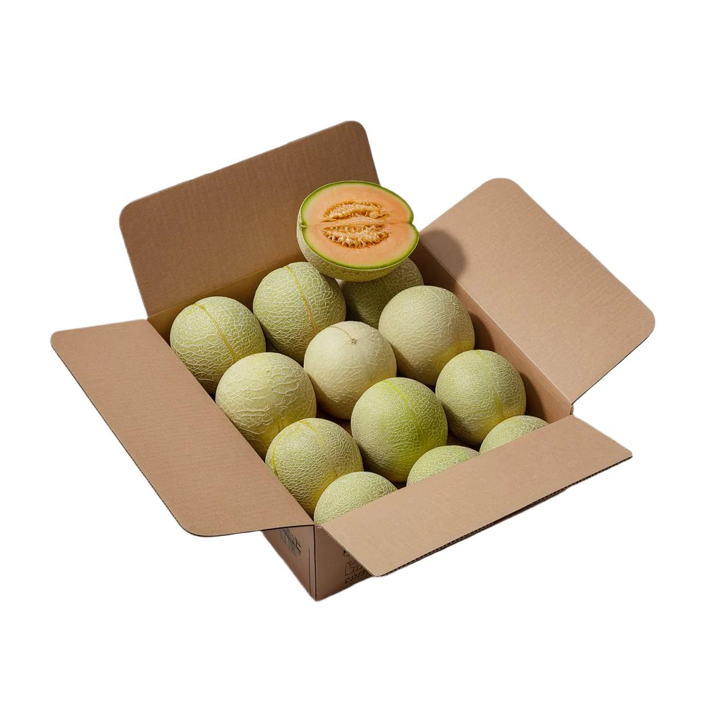 Twelve ripe rockmelons with netted skin and orange flesh visible, neatly arranged in an open cardboard box, showcasing farm-fresh quality