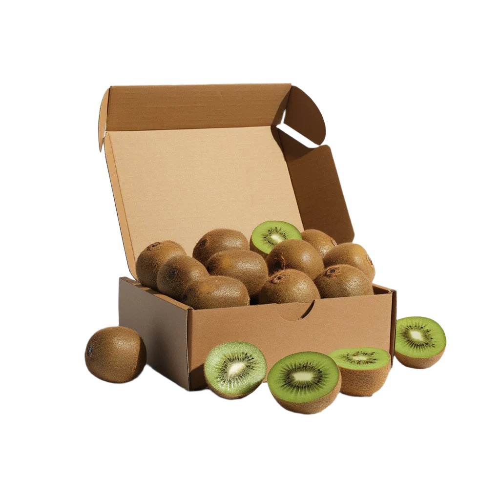 Ripe green kiwifruits, some whole and some halved to show vibrant flesh, neatly arranged in an open cardboard box, showcasing orchard-fresh quality