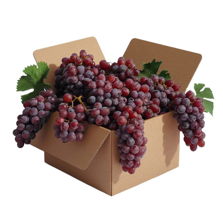 Bunches of ripe, deep red grapes overflowing from an open cardboard box, showcasing vineyard-fresh quality and abundance