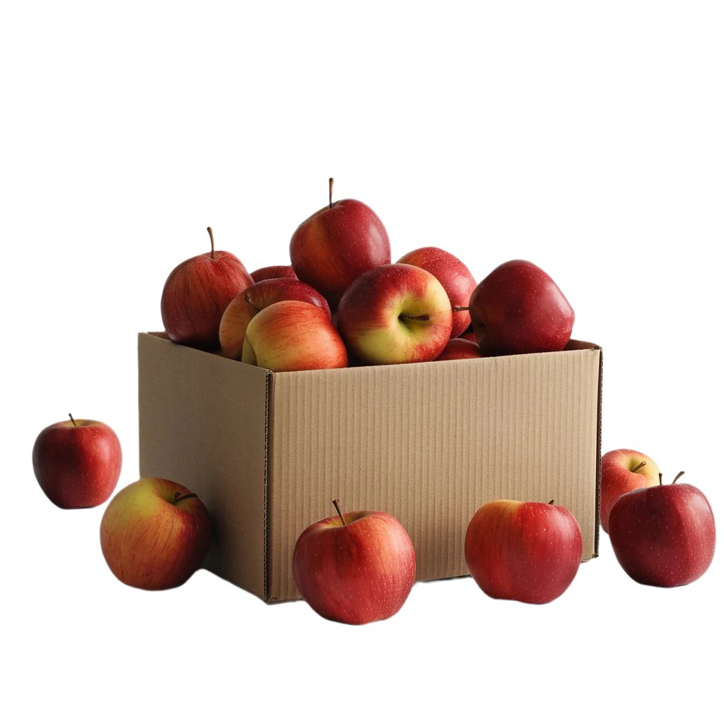 Fresh Jazz apples with distinctive red and yellow coloring, neatly arranged in an open cardboard box, showcasing orchard-fresh quality